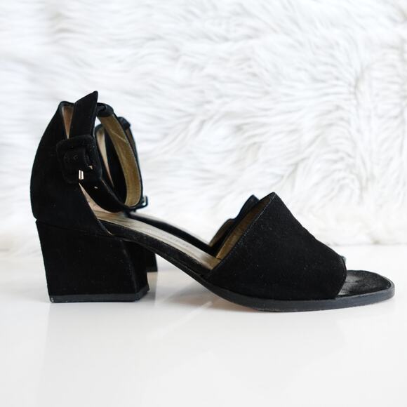 Vintage Yves Saint Laurent YSL Black Suede Sandal Ankle Strap Kitten Block Heels - Picture 1 of 15